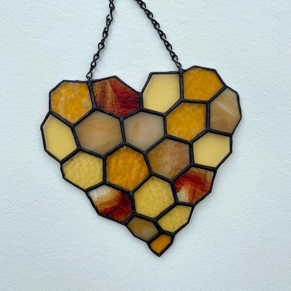Honeycomb heart stained glass suncatcher